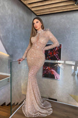 Champagne Mermaid Prom Dress Long Sleeve High Neck Formal Dress With Sequins