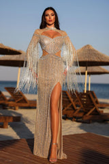 Champagne Mermaid Prom Dress Long Sleeve Keyhole Neck Formal Dress With Beadings and Rhinestones
