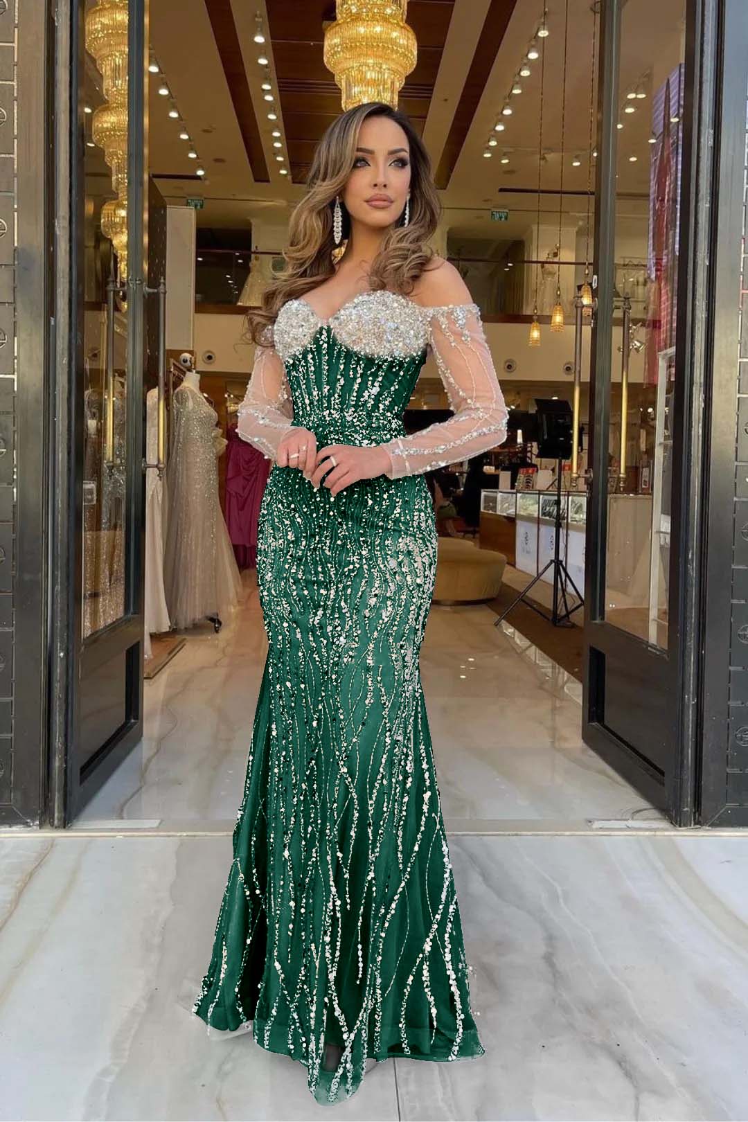 Champagne Mermaid Prom Dress Long Sleeve Off the Shoulder Formal Dress With Sequins