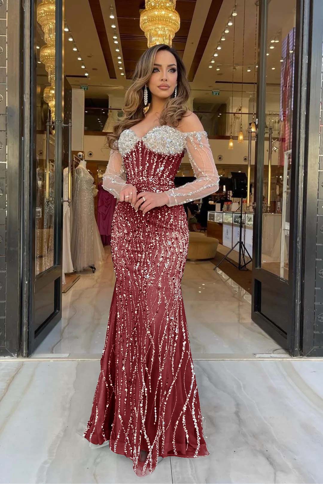 Champagne Mermaid Prom Dress Long Sleeve Off the Shoulder Formal Dress With Sequins