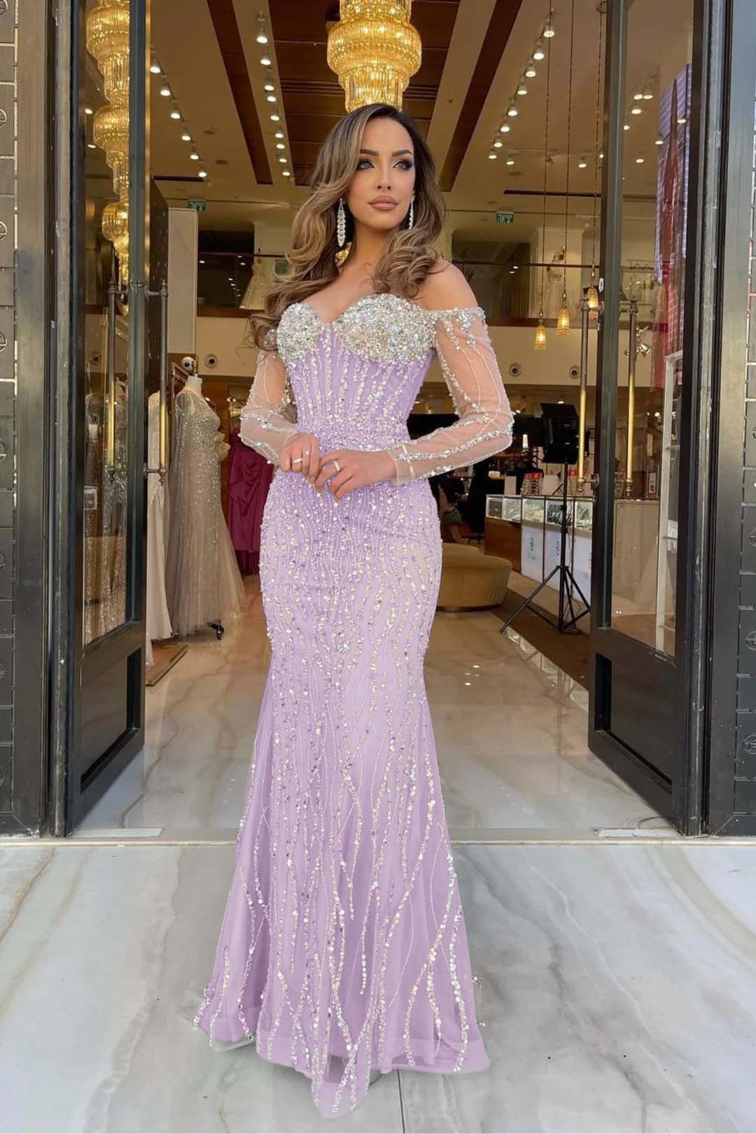 Champagne Mermaid Prom Dress Long Sleeve Off the Shoulder Formal Dress With Sequins
