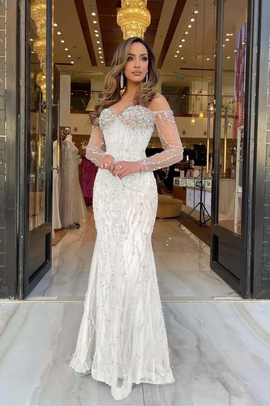 Champagne Mermaid Prom Dress Long Sleeve Off the Shoulder Formal Dress With Sequins