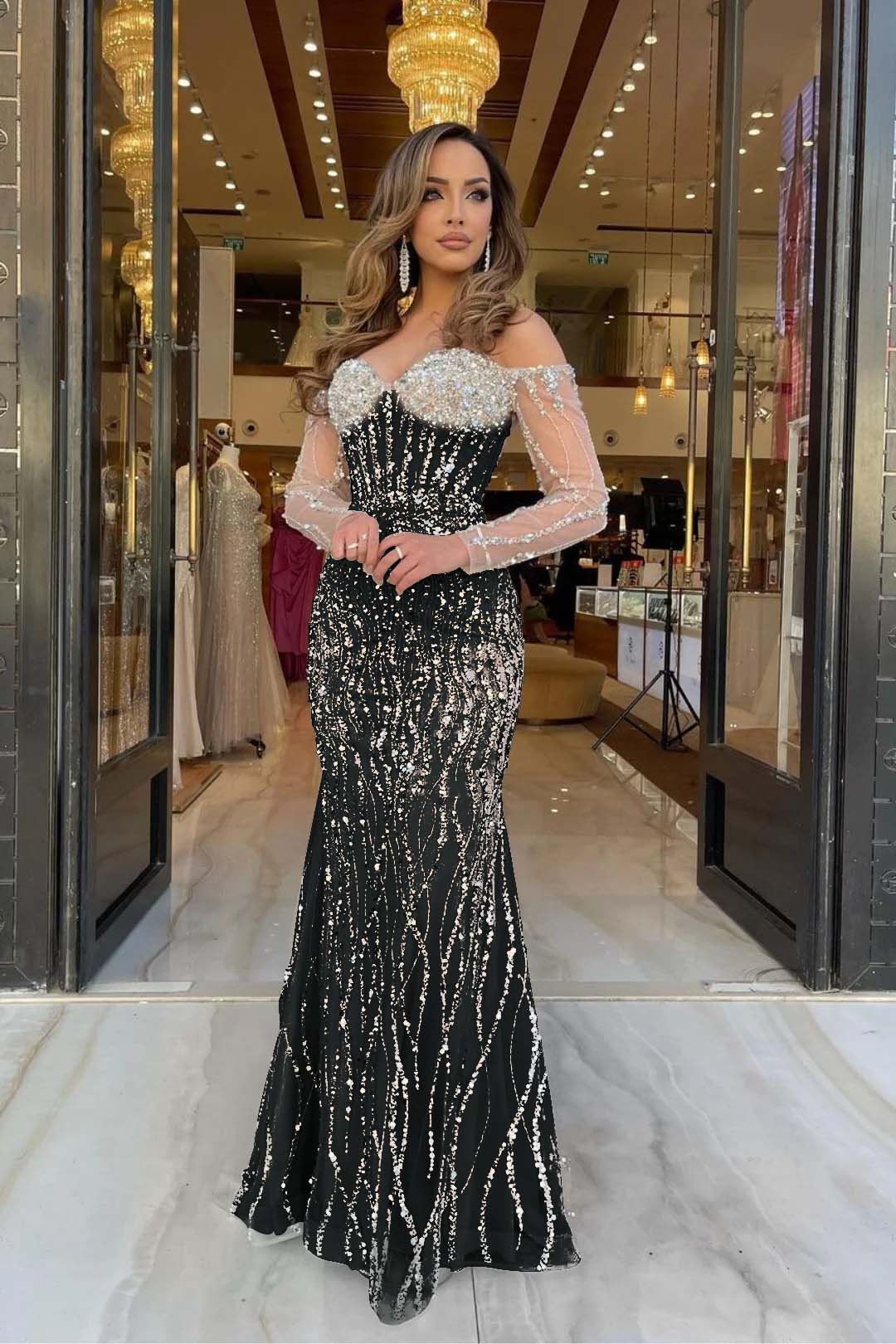 Champagne Mermaid Prom Dress Long Sleeve Off the Shoulder Formal Dress With Sequins