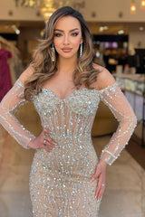 Champagne Mermaid Prom Dress Long Sleeve Off the Shoulder Formal Dress With Sequins