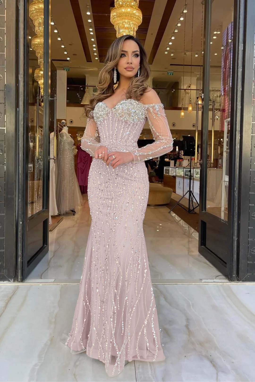 Champagne Mermaid Prom Dress Long Sleeve Off the Shoulder Formal Dress With Sequins