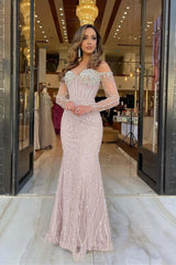 Champagne Mermaid Prom Dress Long Sleeve Off the Shoulder Formal Dress With Sequins
