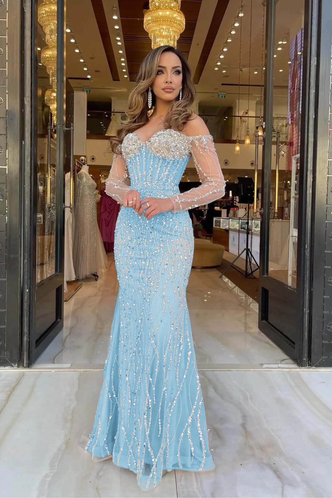 Champagne Mermaid Prom Dress Long Sleeve Off the Shoulder Formal Dress With Sequins