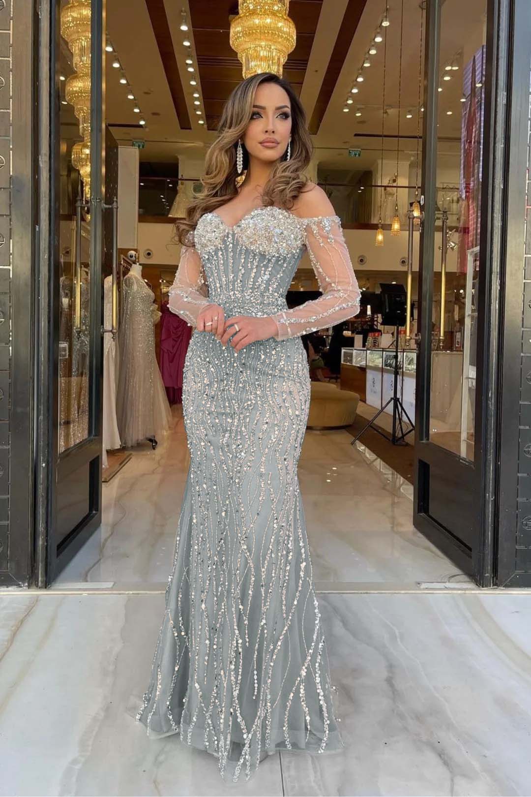 Champagne Mermaid Prom Dress Long Sleeve Off the Shoulder Formal Dress With Sequins