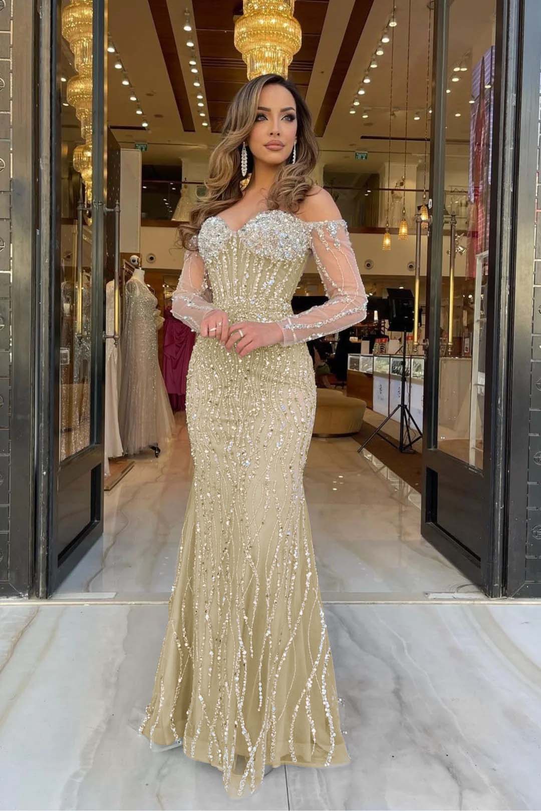 Champagne Mermaid Prom Dress Long Sleeve Off the Shoulder Formal Dress With Sequins