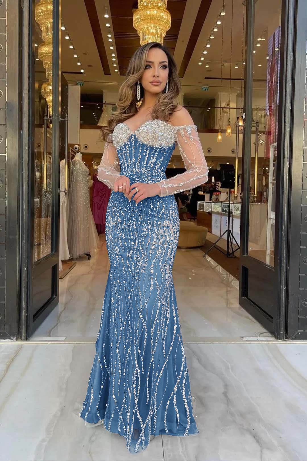 Champagne Mermaid Prom Dress Long Sleeve Off the Shoulder Formal Dress With Sequins