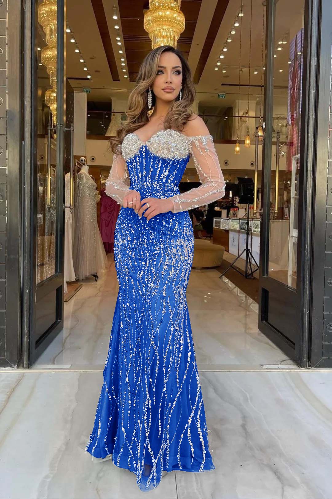 Champagne Mermaid Prom Dress Long Sleeve Off the Shoulder Formal Dress With Sequins