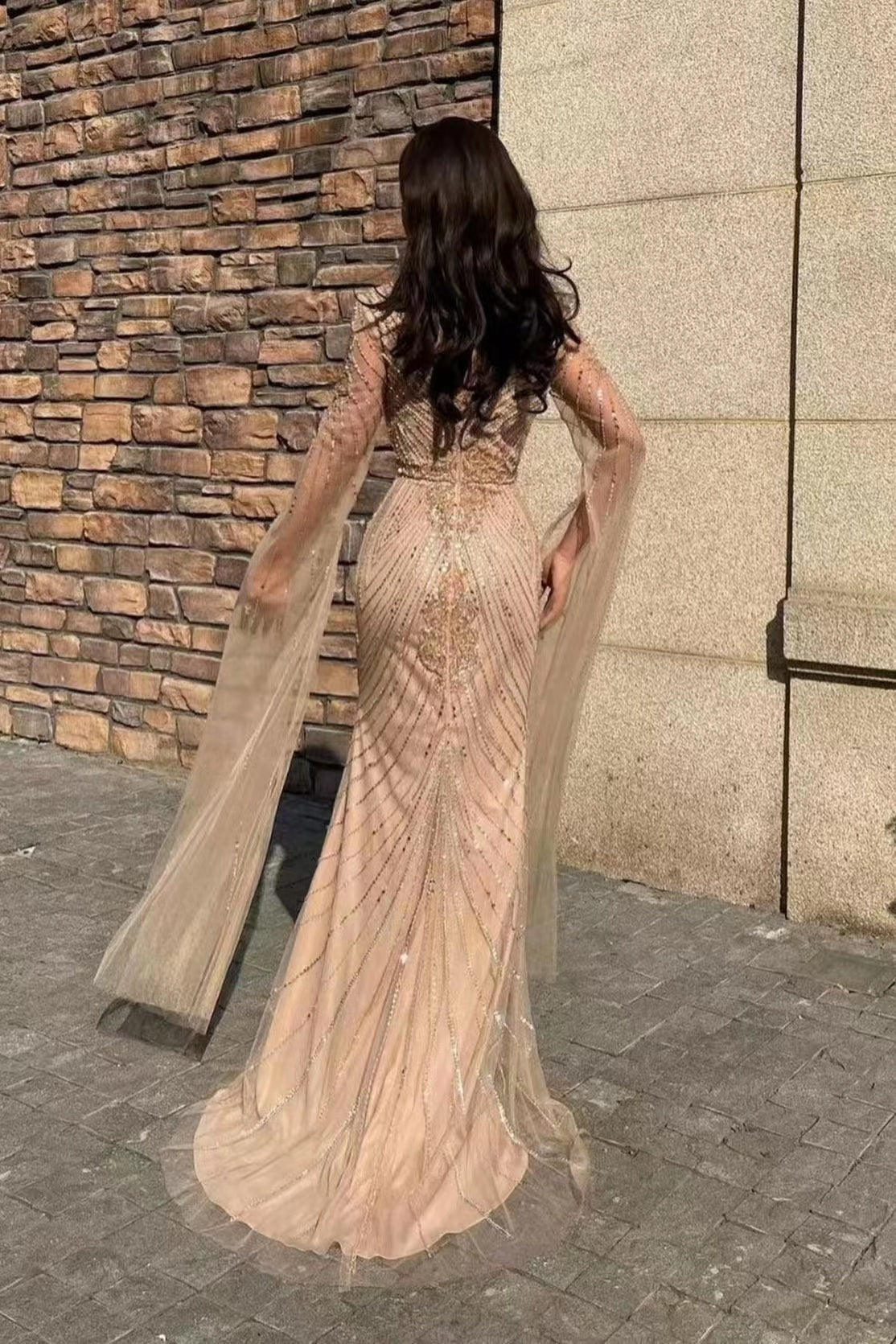 Champagne Mermaid Prom Dress Long Sleeve V Neck Formal Dress With Sequins