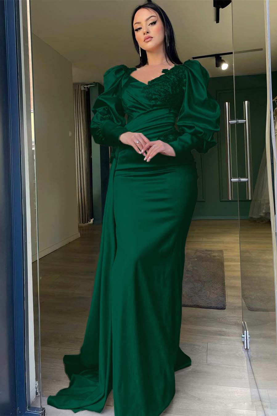 Champagne Mermaid Prom Dress Puff Long Sleeve Crew Neck Formal Dress With Lace Appliques