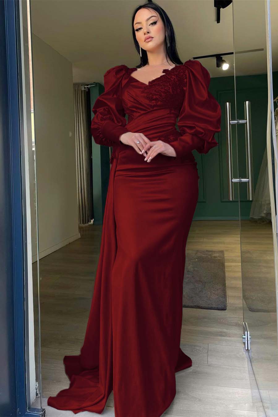 Champagne Mermaid Prom Dress Puff Long Sleeve Crew Neck Formal Dress With Lace Appliques