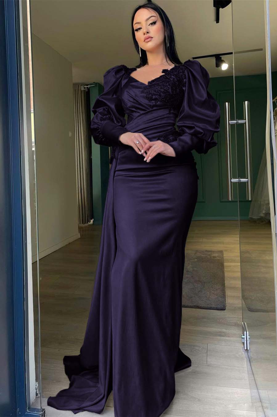 Champagne Mermaid Prom Dress Puff Long Sleeve Crew Neck Formal Dress With Lace Appliques