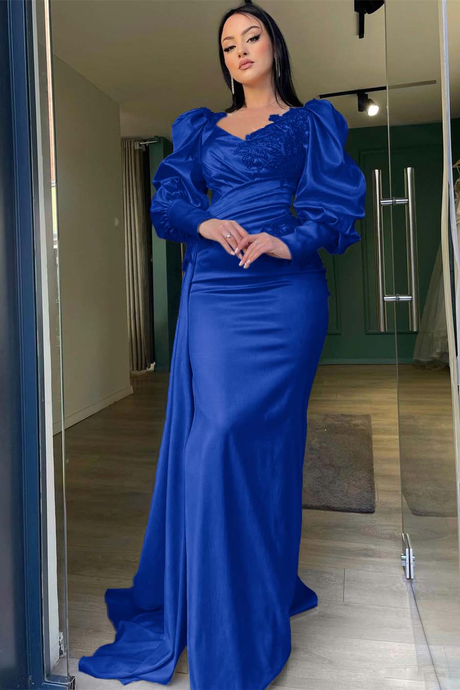 Champagne Mermaid Prom Dress Puff Long Sleeve Crew Neck Formal Dress With Lace Appliques