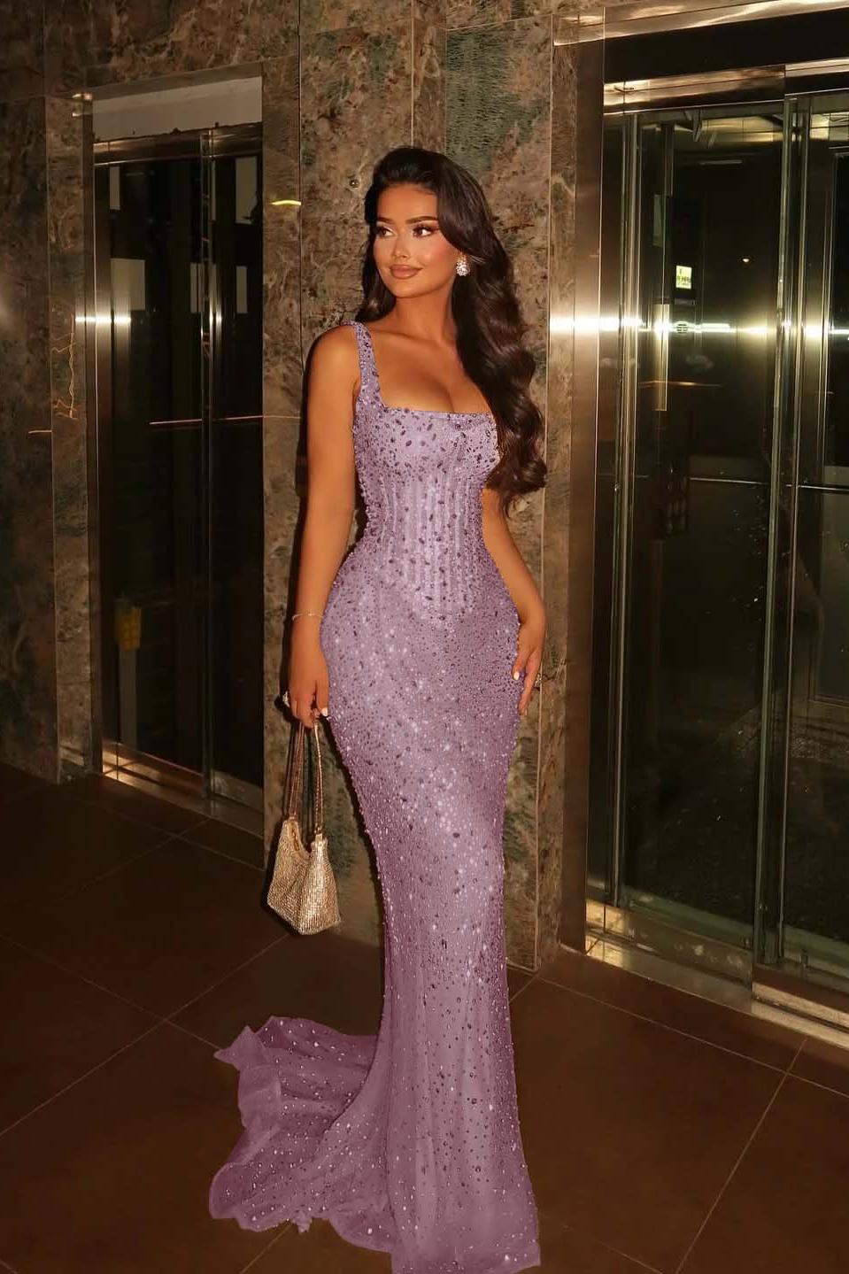 Champagne Mermaid Prom Dress Sleeveless Square Neck Formal Dress With Beadings and Rhinestones
