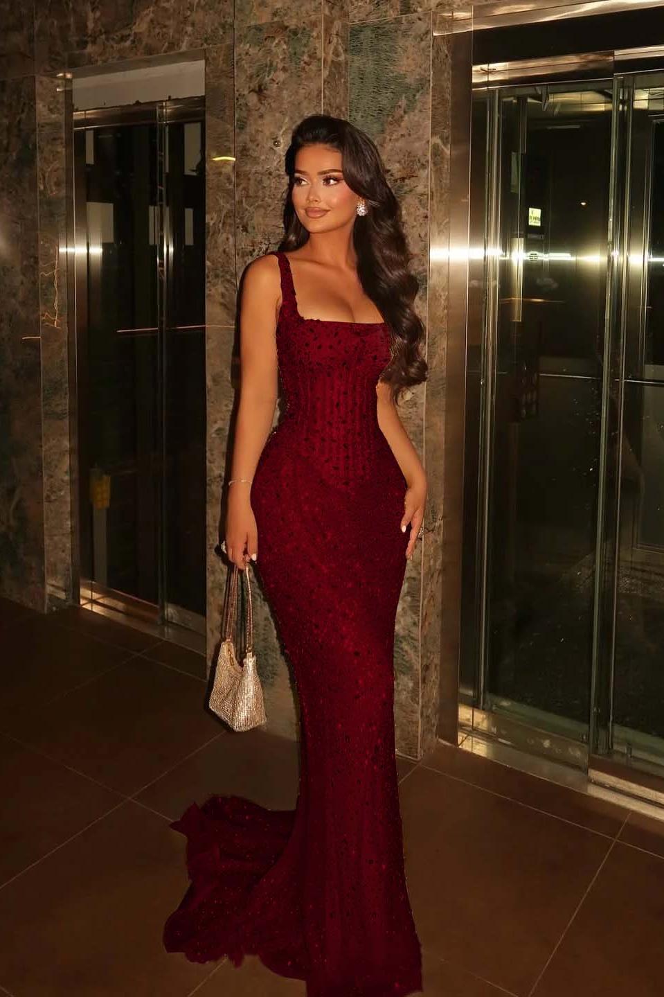 Champagne Mermaid Prom Dress Sleeveless Square Neck Formal Dress With Beadings and Rhinestones