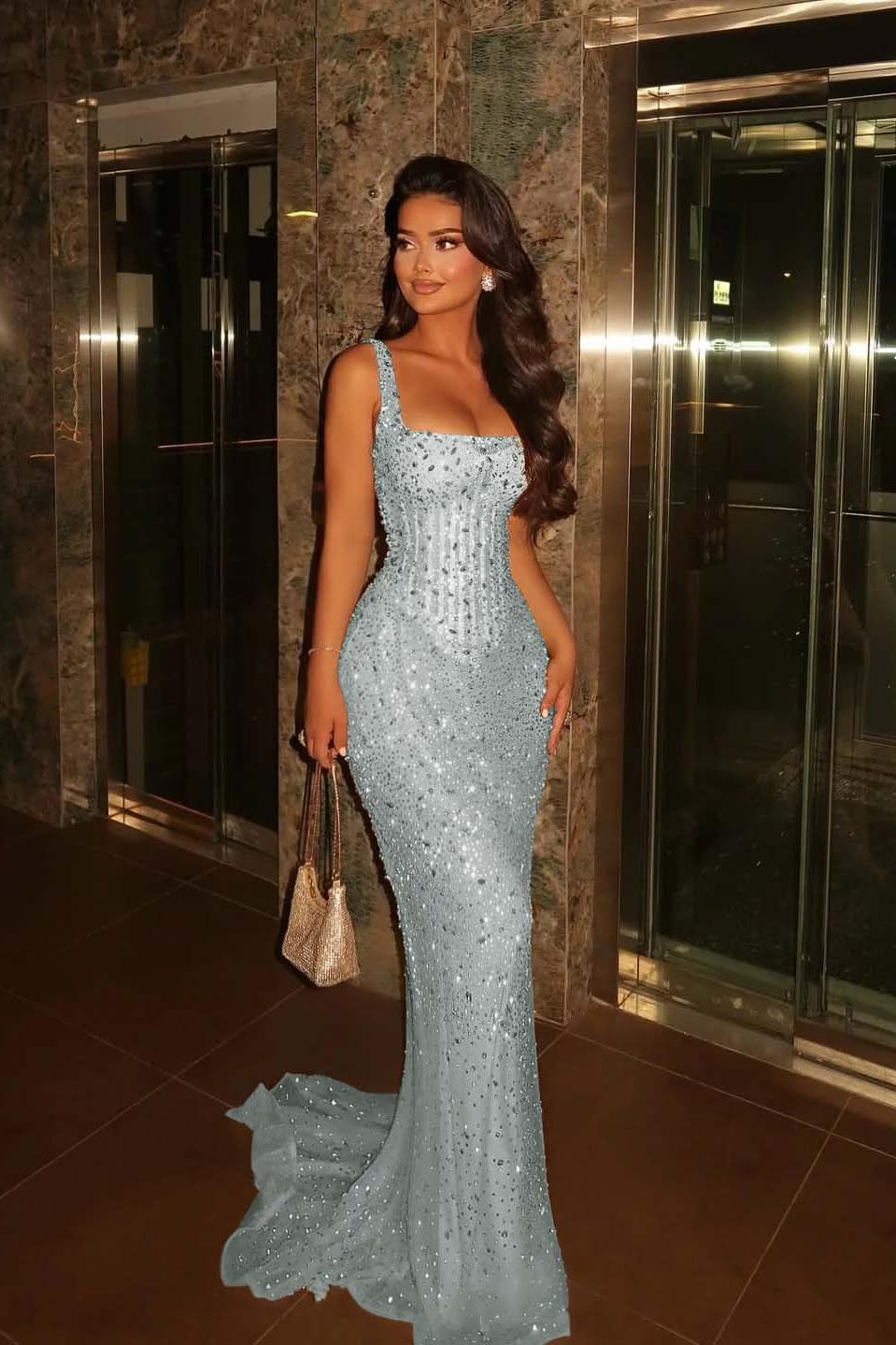 Champagne Mermaid Prom Dress Sleeveless Square Neck Formal Dress With Beadings and Rhinestones