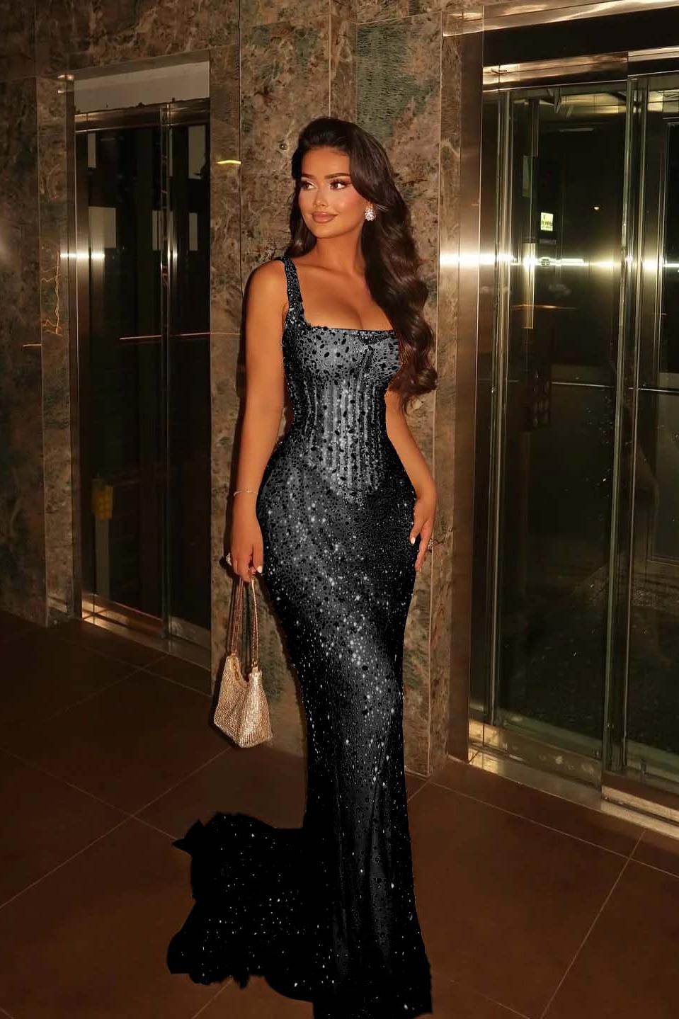 Champagne Mermaid Prom Dress Sleeveless Square Neck Formal Dress With Beadings and Rhinestones