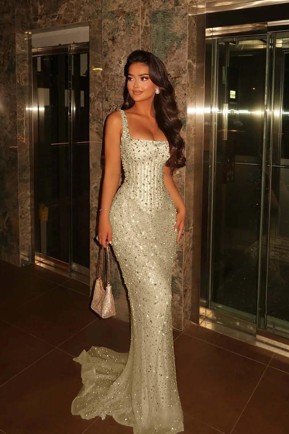 Champagne Mermaid Prom Dress Sleeveless Square Neck Formal Dress With Beadings and Rhinestones