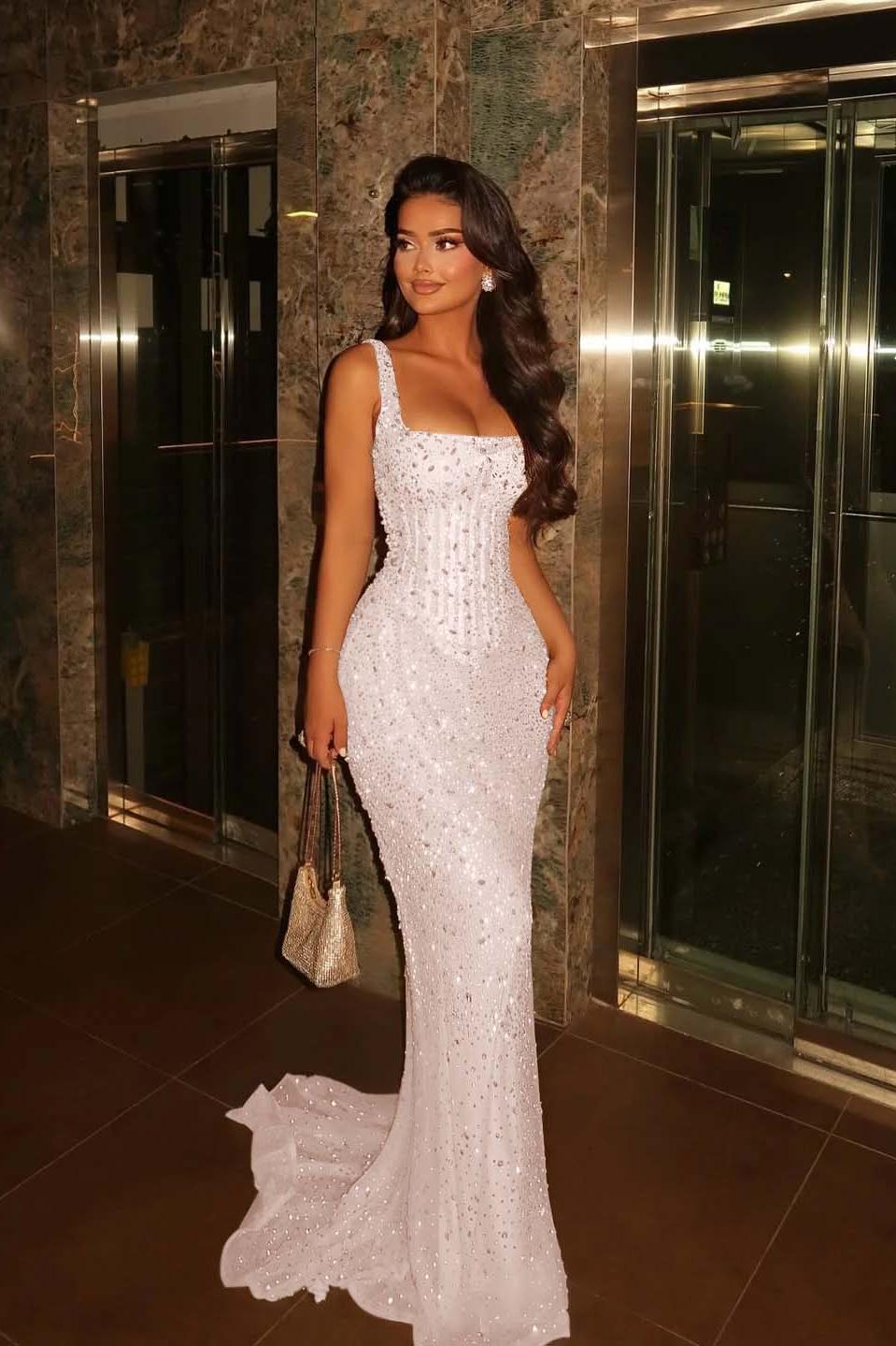 Champagne Mermaid Prom Dress Sleeveless Square Neck Formal Dress With Beadings and Rhinestones