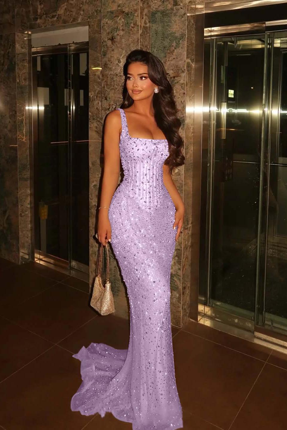 Champagne Mermaid Prom Dress Sleeveless Square Neck Formal Dress With Beadings and Rhinestones