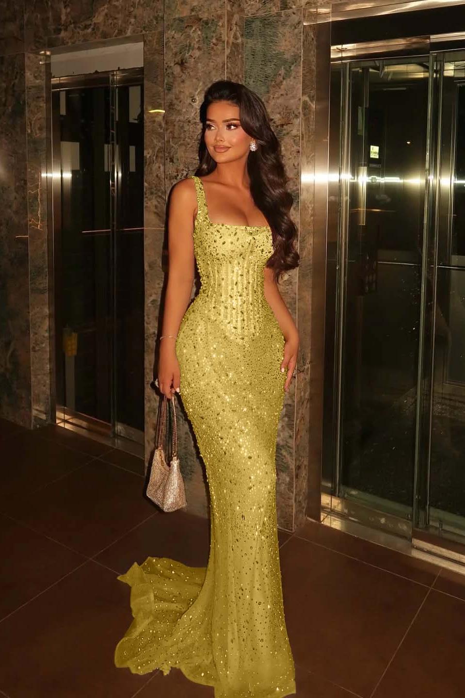 Champagne Mermaid Prom Dress Sleeveless Square Neck Formal Dress With Beadings and Rhinestones