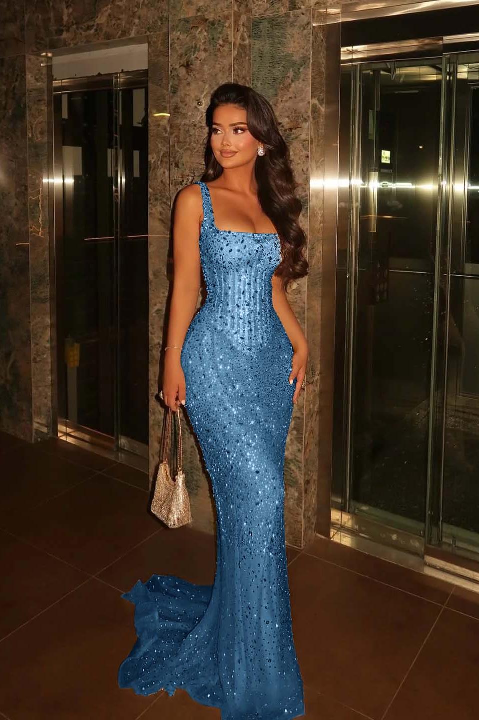 Champagne Mermaid Prom Dress Sleeveless Square Neck Formal Dress With Beadings and Rhinestones