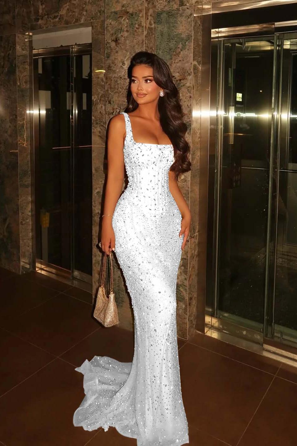 Champagne Mermaid Prom Dress Sleeveless Square Neck Formal Dress With Beadings and Rhinestones
