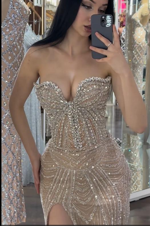 Champagne Mermaid Prom Dress Sleeveless Sweetheart Formal Dress With Beadings and Rhinestones