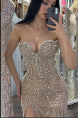 Champagne Mermaid Prom Dress Sleeveless Sweetheart Formal Dress With Beadings and Rhinestones