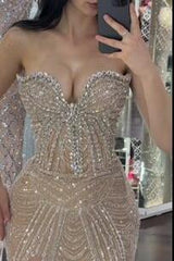 Champagne Mermaid Prom Dress Sleeveless Sweetheart Formal Dress With Beadings and Rhinestones
