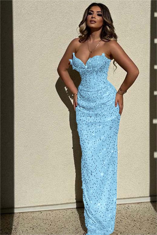 Champagne Mermaid Prom Dress Sleeveless Sweetheart Formal Dress With Sequins