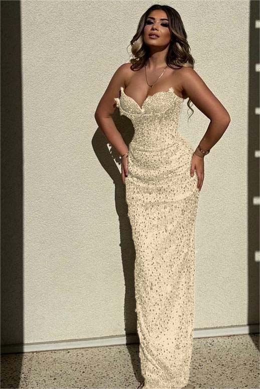 Champagne Mermaid Prom Dress Sleeveless Sweetheart Formal Dress With Sequins