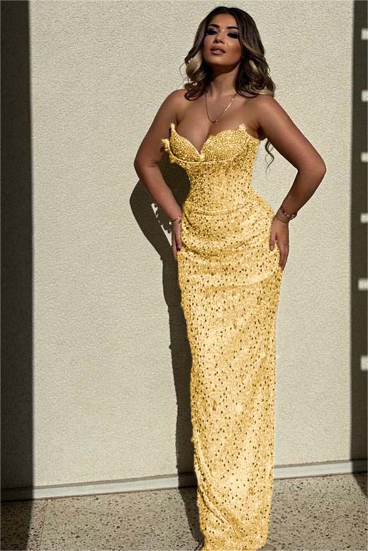 Champagne Mermaid Prom Dress Sleeveless Sweetheart Formal Dress With Sequins
