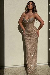 Champagne Mermaid Prom Dress Sleeveless Sweetheart Formal Dress With Sequins