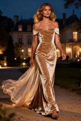 Dressystars Champagne Mermaid Velvet Off The Shoulder Long Holiday Party Dress With Cape