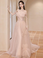 Champagne Pink Prom Dress A Line Tulle Sequin Long Formal Dress Evening Dress