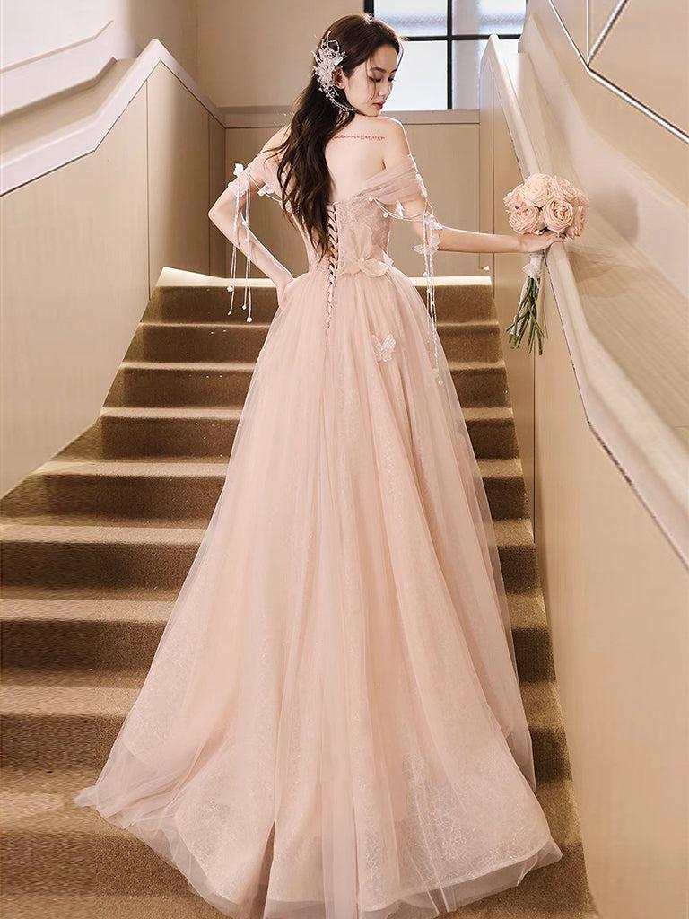 Pink Prom Dress A Line Tulle Sequin Long Formal Dress Evening Dress