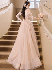 Champagne Pink Prom Dress A Line Tulle Sequin Long Formal Dress Evening Dress