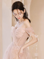Champagne Pink Prom Dress A Line Tulle Sequin Long Formal Dress Evening Dress