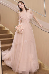 Champagne Pink Prom Dress A Line Tulle Sequin Long Formal Dress Evening Dress