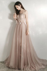 Champagne Prom Dress A Line Tulle Lace Long Formal Dress Evening Dress