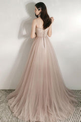 Champagne Prom Dress A Line Tulle Lace Long Formal Dress Evening Dress