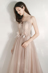 Champagne Prom Dress A Line Tulle Lace Long Formal Dress Evening Dress
