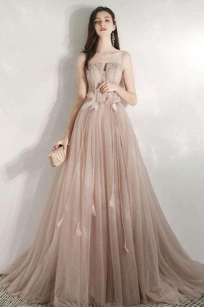 Champagne Prom Dress A Line Tulle Lace Long Formal Dress Evening Dress