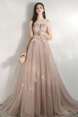 Champagne Prom Dress A Line Tulle Lace Long Formal Dress Evening Dress