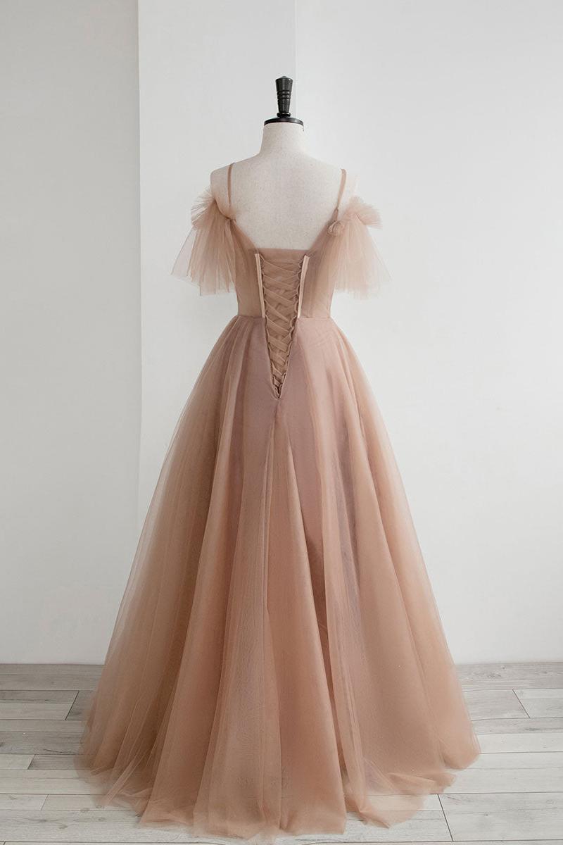 Champagne Prom Dress A Line Tulle Lace Long Formal Evening Dress
