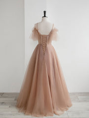 Champagne Prom Dress A Line Tulle Lace Long Formal Evening Dress
